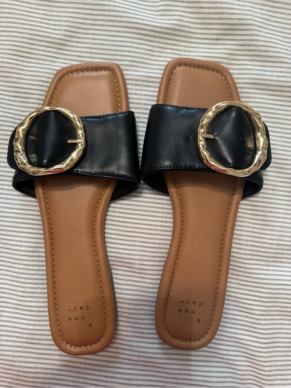 a new day Black Slide Sandals with Gold Buckle